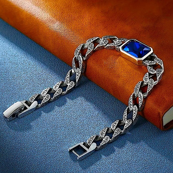 Stainless Steel Sapphire Chain Link Bracelet, Curb Engraved - Picture 3 of 6